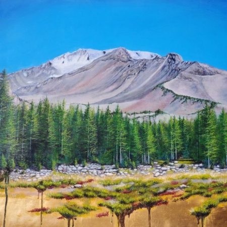 a landscape painting of Mt Shasta as see from Panther Meadows