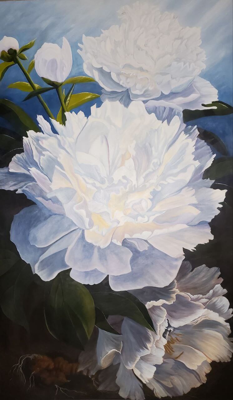 A painting of white peony flowers on a dark background showing the different stages of the life of the plant, from roots and decay, to buds and blossoming.